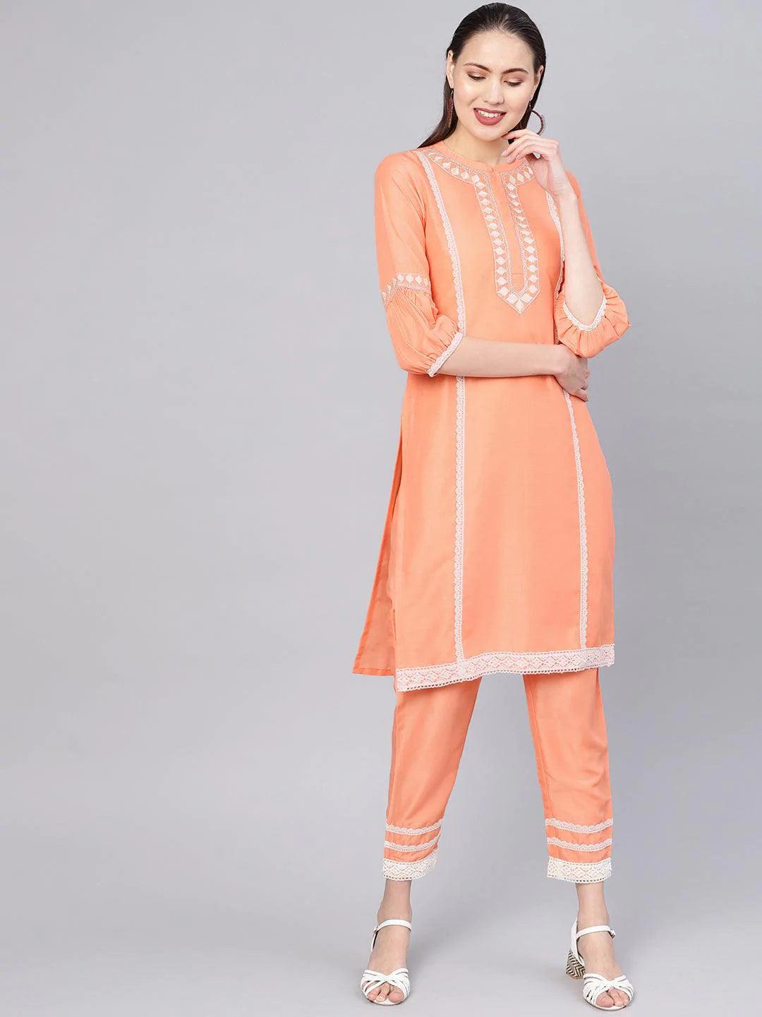 Peach Embroidered Silk Kurta Set