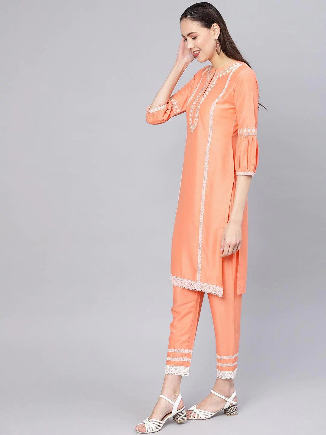 Peach Embroidered Silk Kurta Set