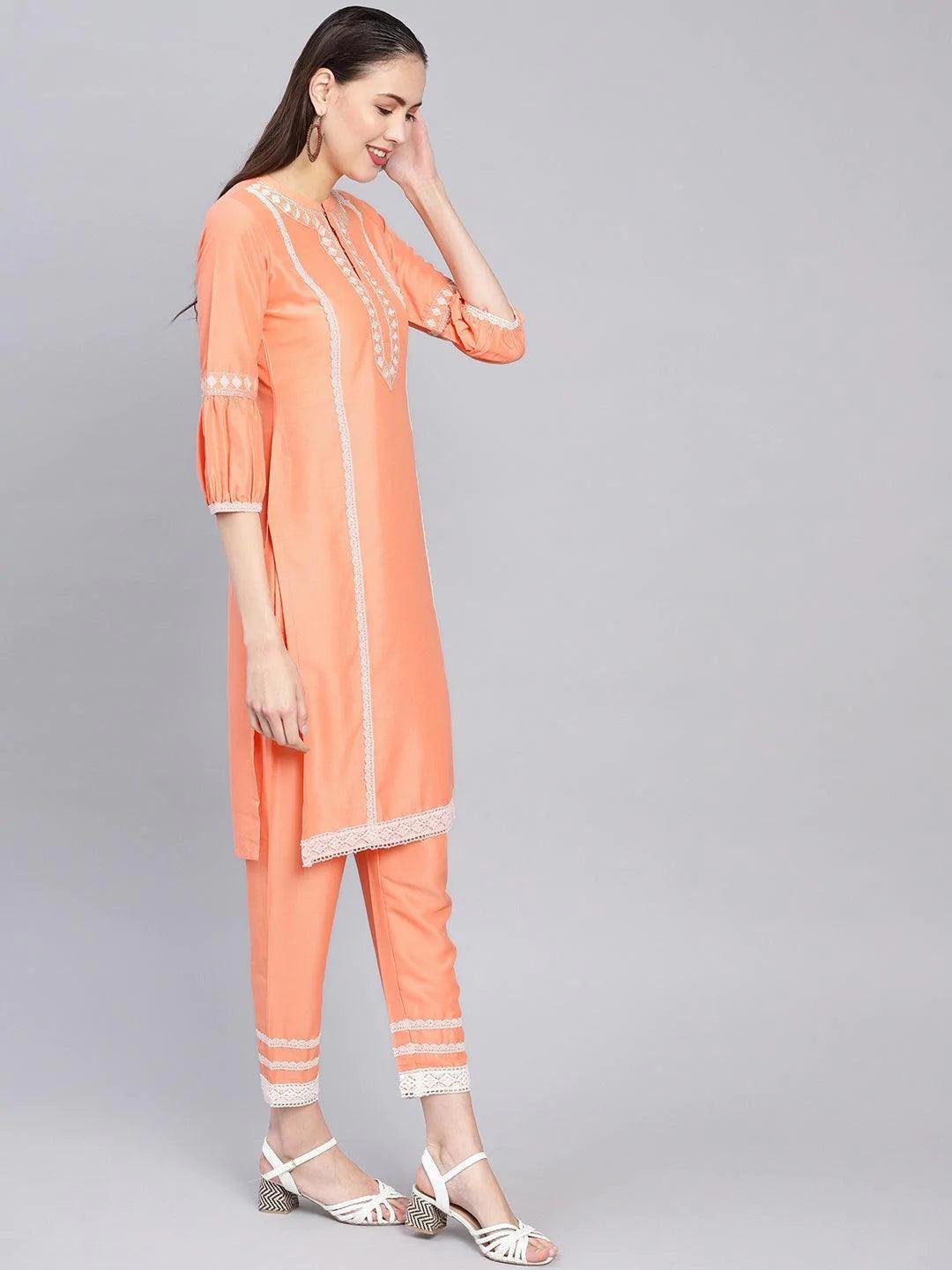 Peach Embroidered Silk Kurta Set