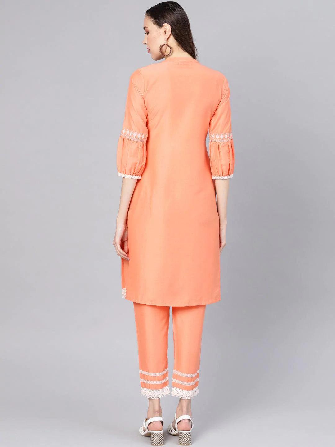 Peach Embroidered Silk Kurta Set