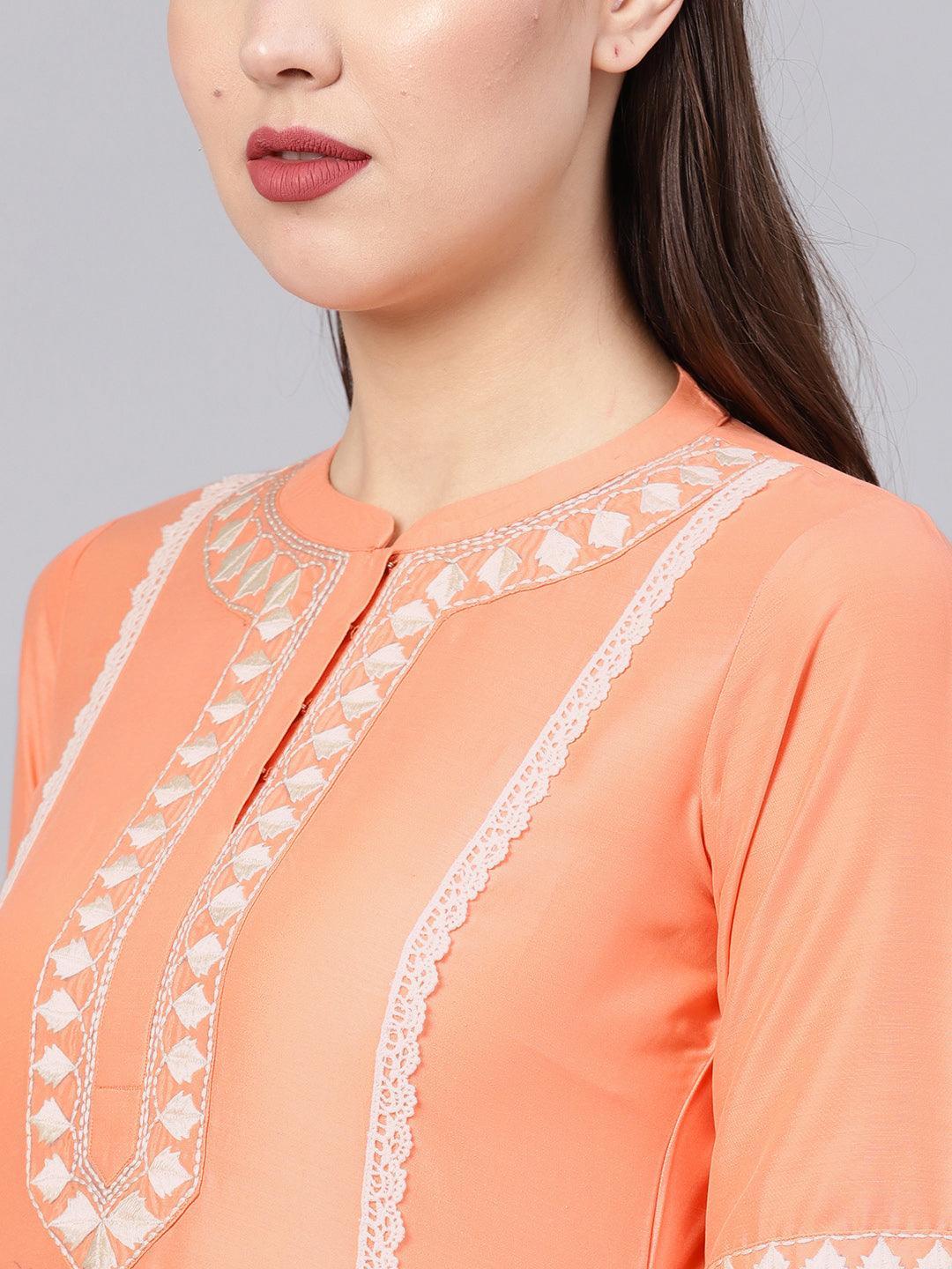 Peach Embroidered Silk Kurta Set