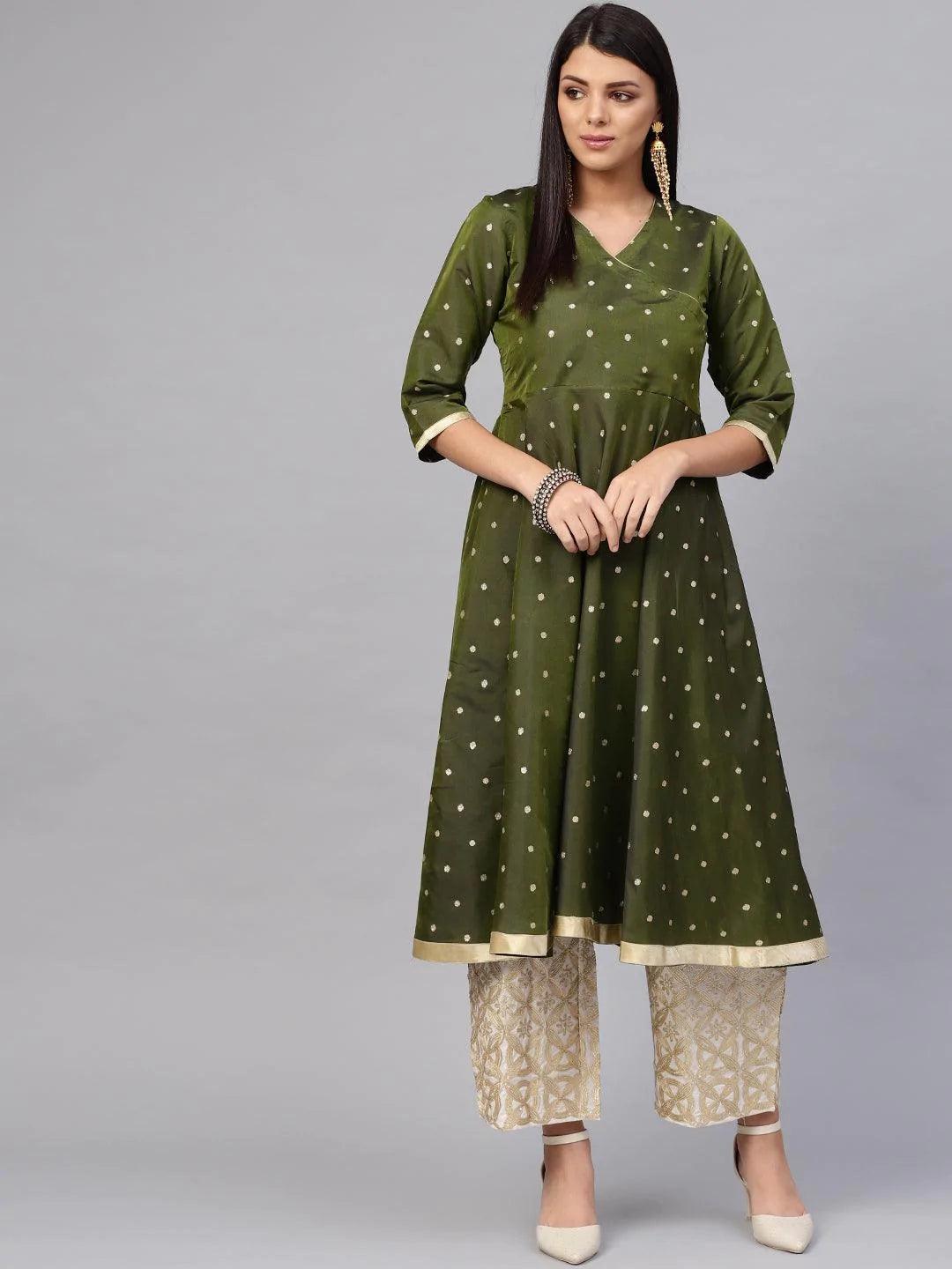 Olive Green Self Design Chanderi Kurta Set