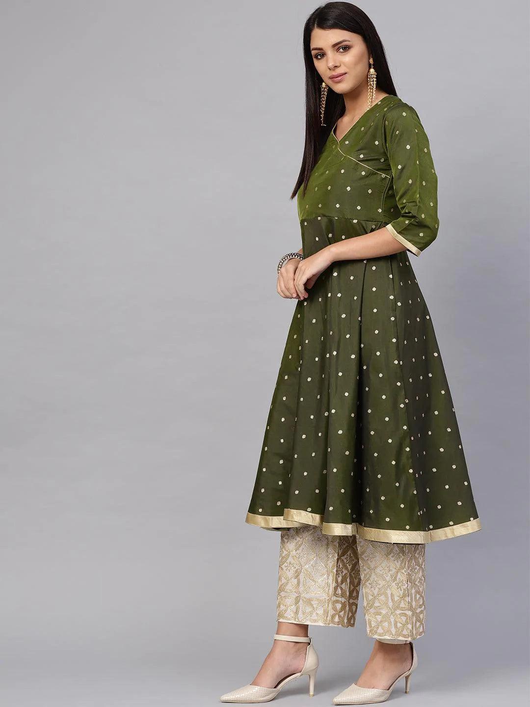 Olive Green Self Design Chanderi Kurta Set