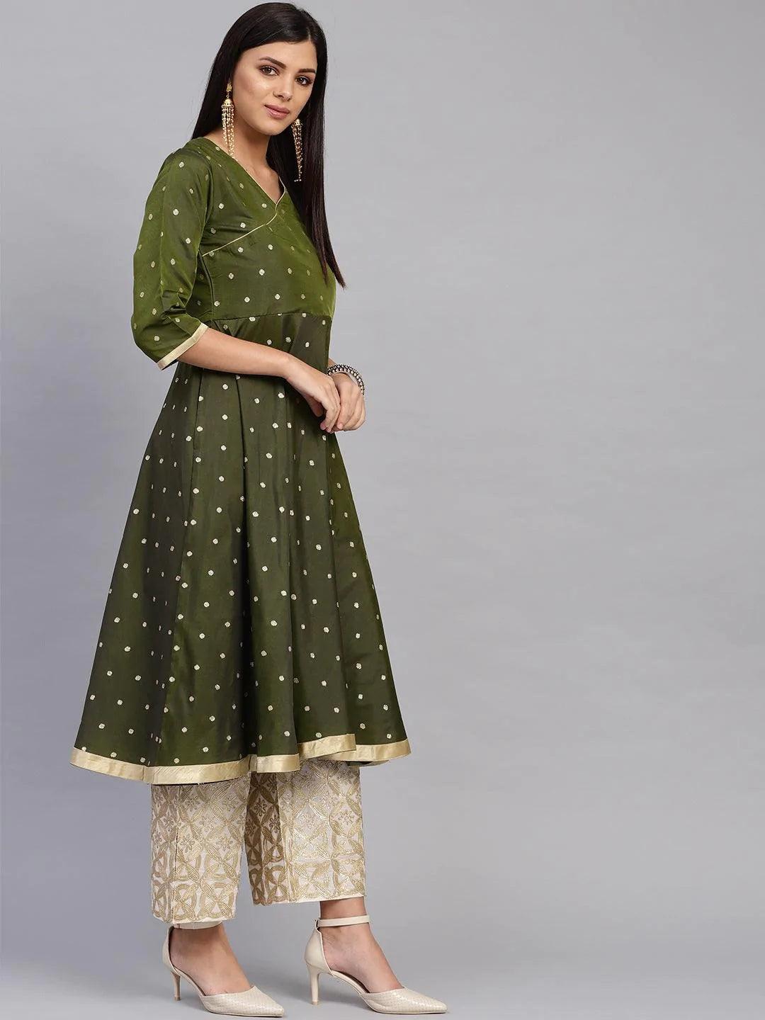 Olive Green Self Design Chanderi Kurta Set