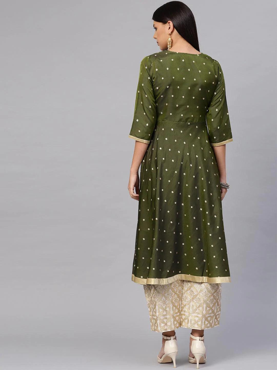 Olive Green Self Design Chanderi Kurta Set