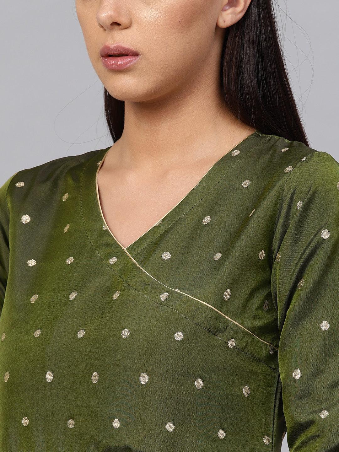 Olive Green Self Design Chanderi Kurta Set