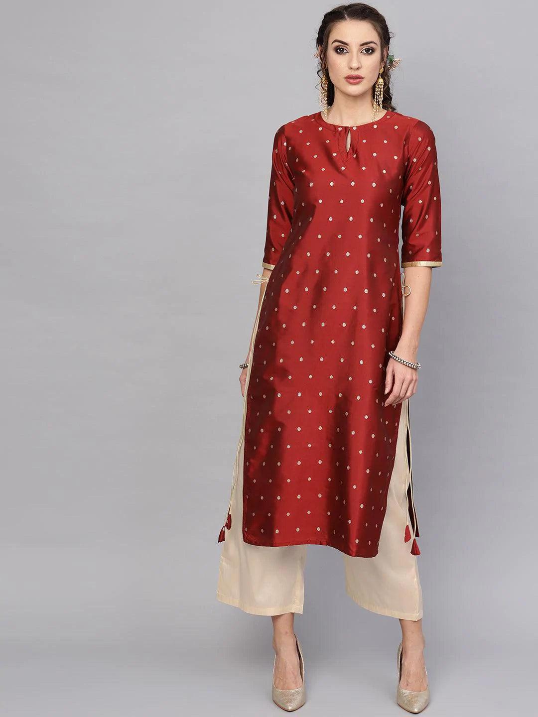 Maroon Embroidered Polyester Kurta Set