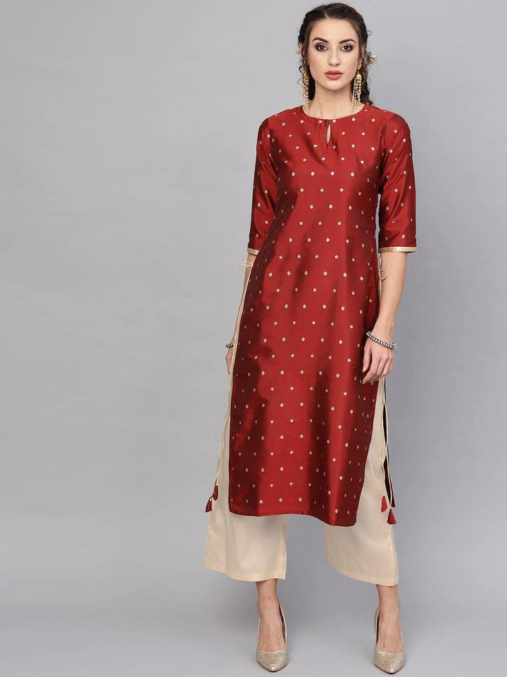 Maroon Embroidered Polyester Kurta Set - ShopLibas