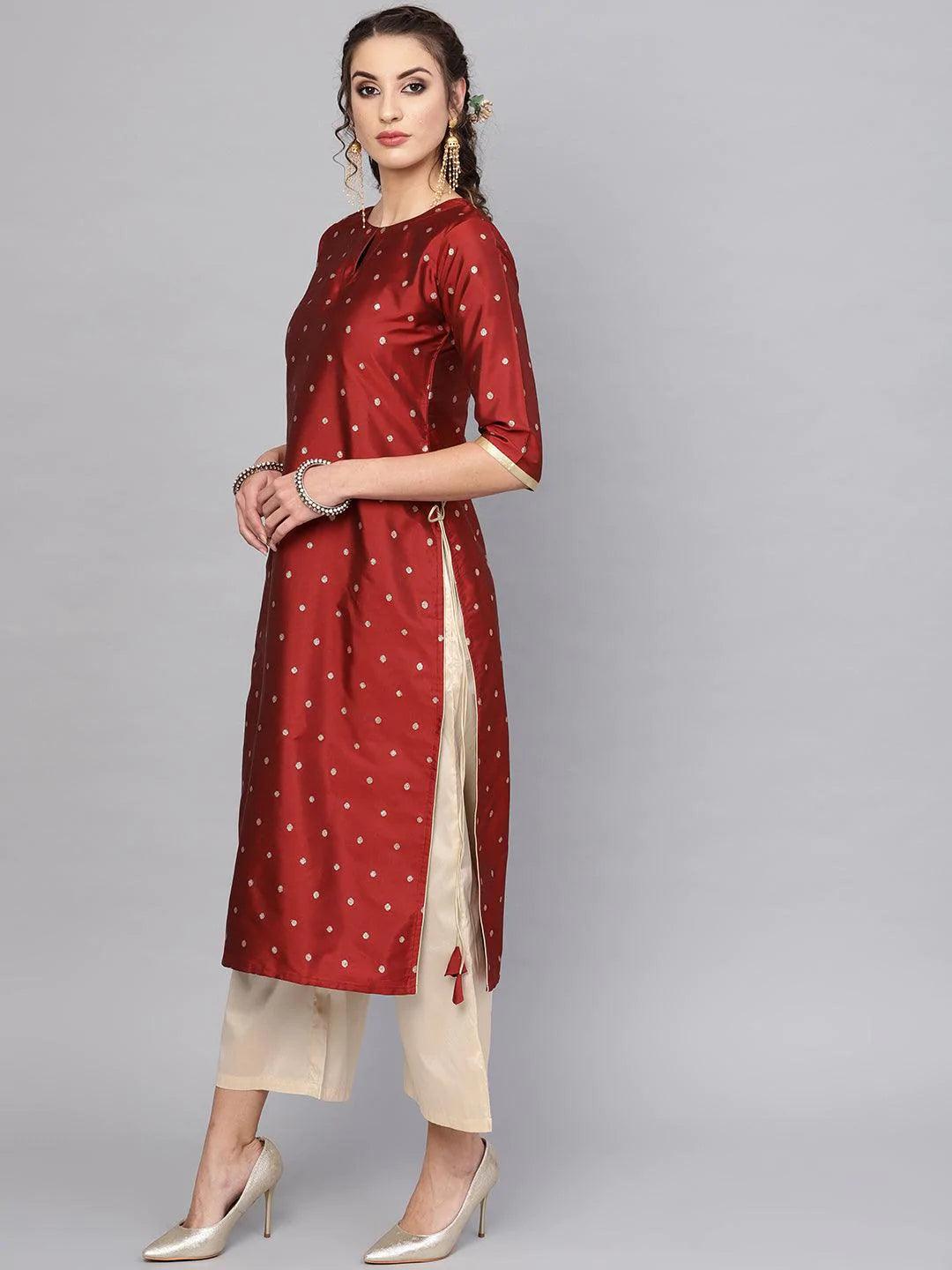 Maroon Embroidered Polyester Kurta Set