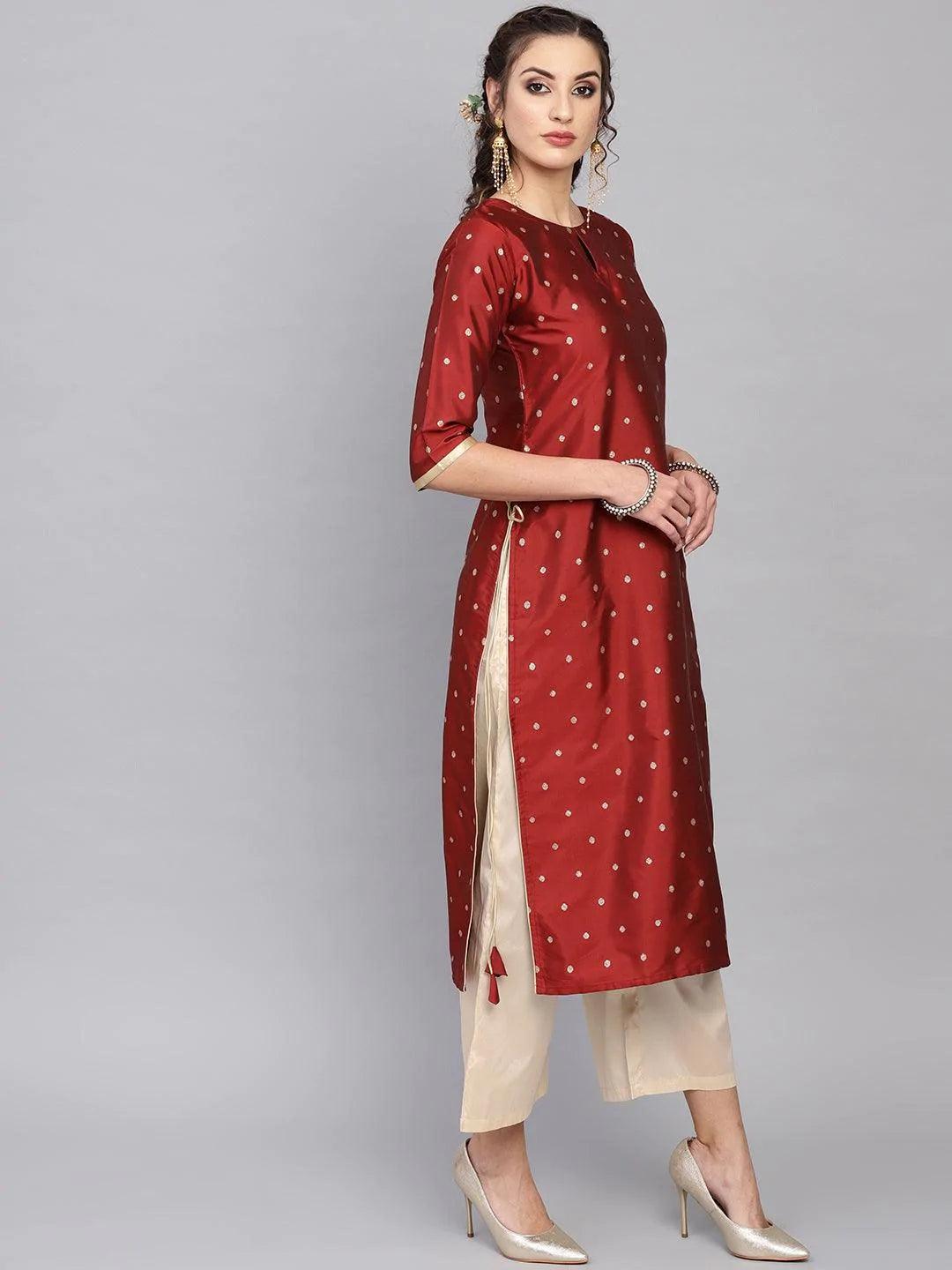 Maroon Embroidered Polyester Kurta Set