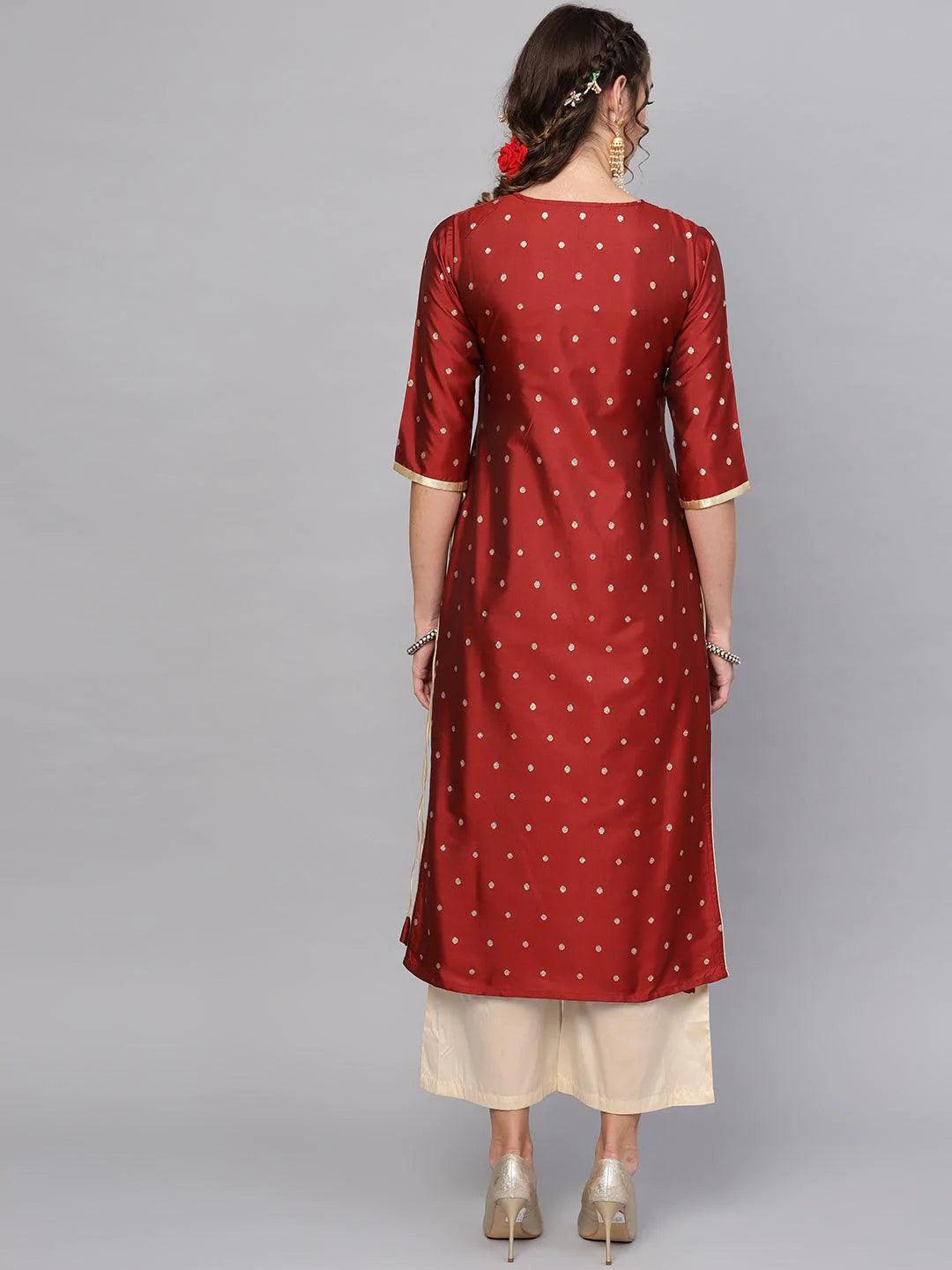 Maroon Embroidered Polyester Kurta Set