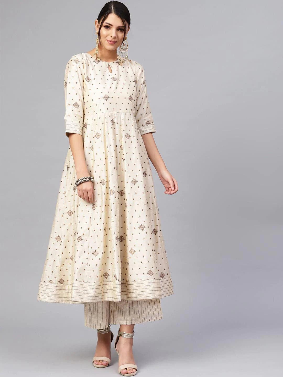 Beige Self Design Chanderi Kurta Set