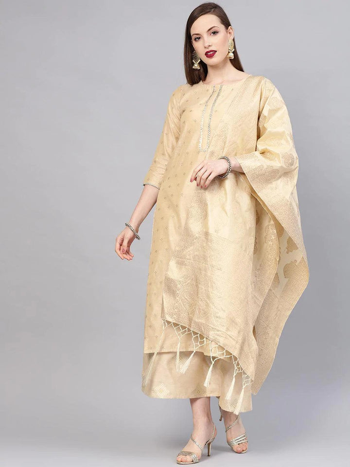 Beige Embroidered Chanderi Suit Set - ShopLibas