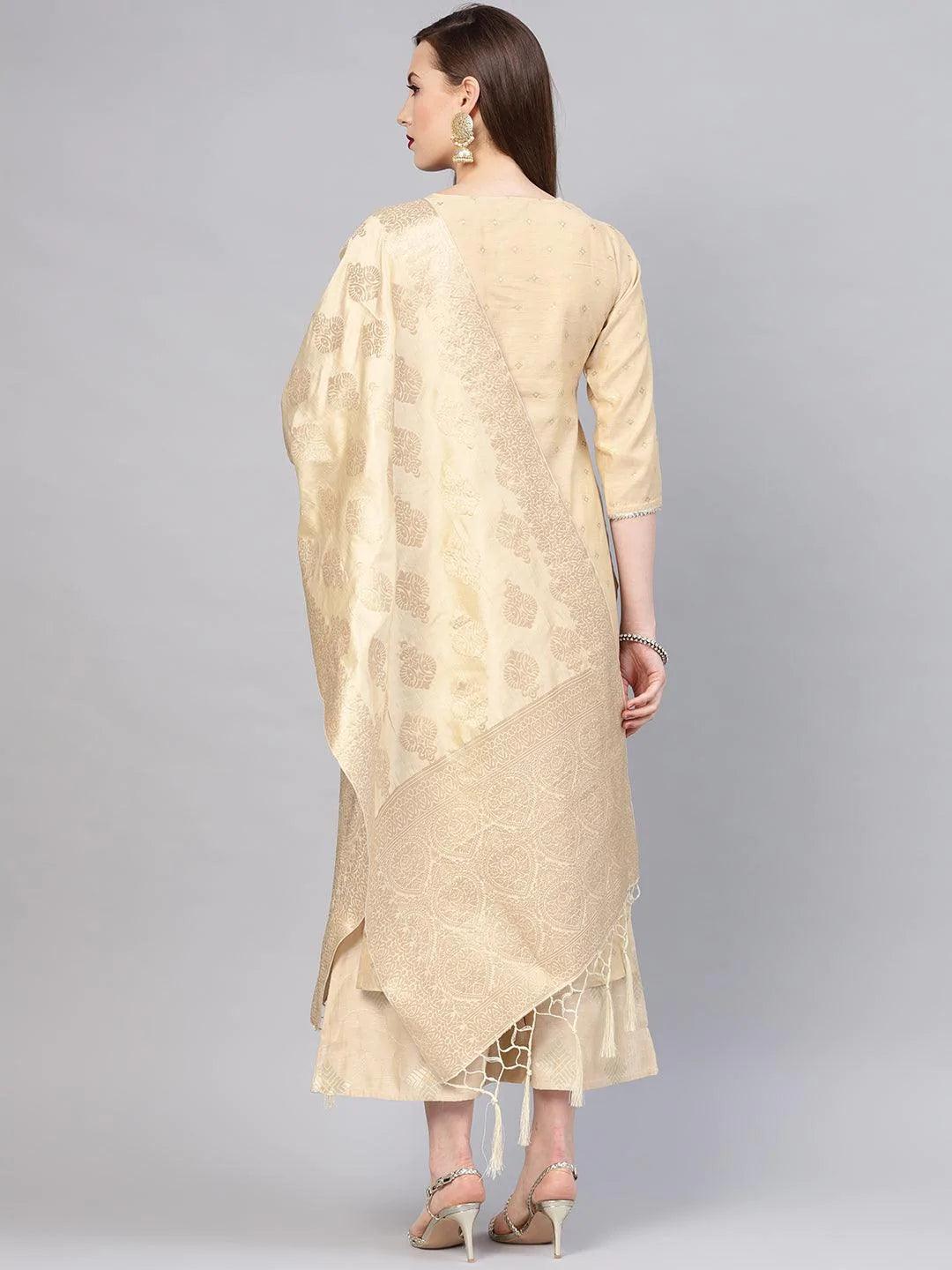 Beige Embroidered Chanderi Suit Set