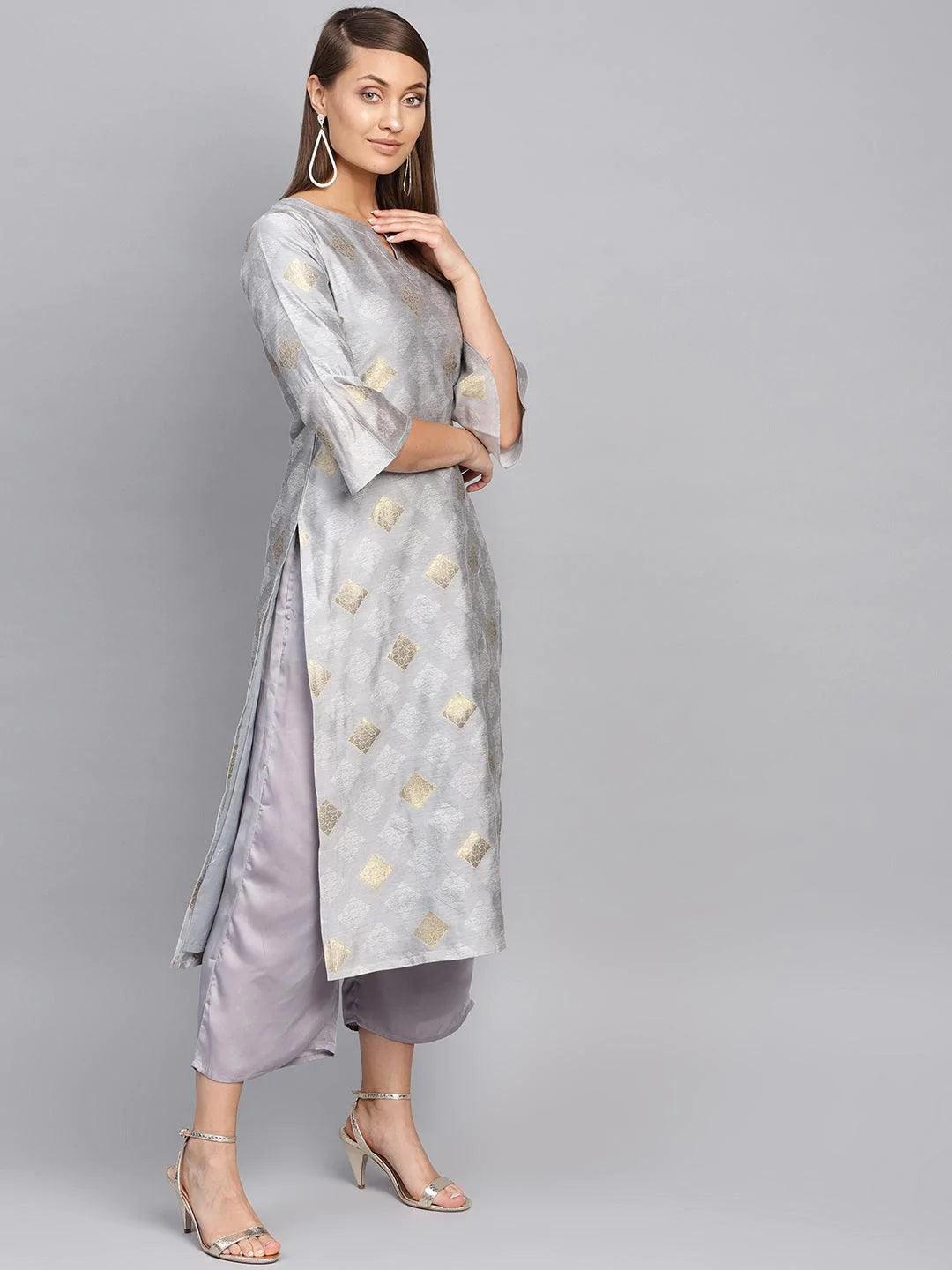 Grey Embroidered Polyester Kurta Set - ShopLibas