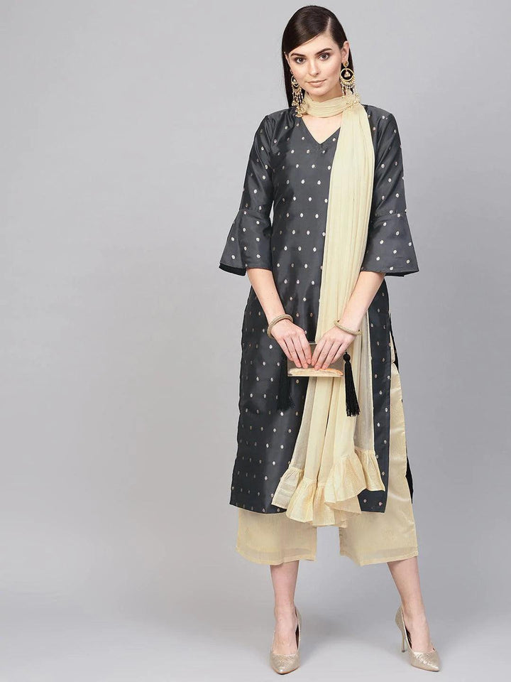 Grey Embroidered Polyester Suit Set - ShopLibas