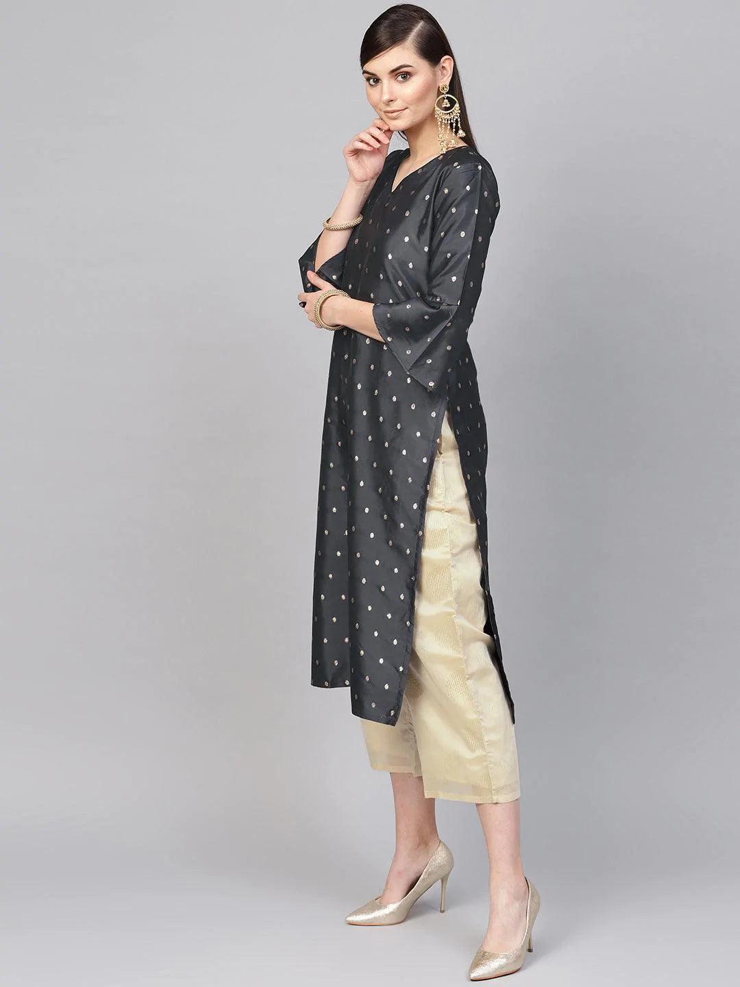 Grey Embroidered Polyester Suit Set - ShopLibas