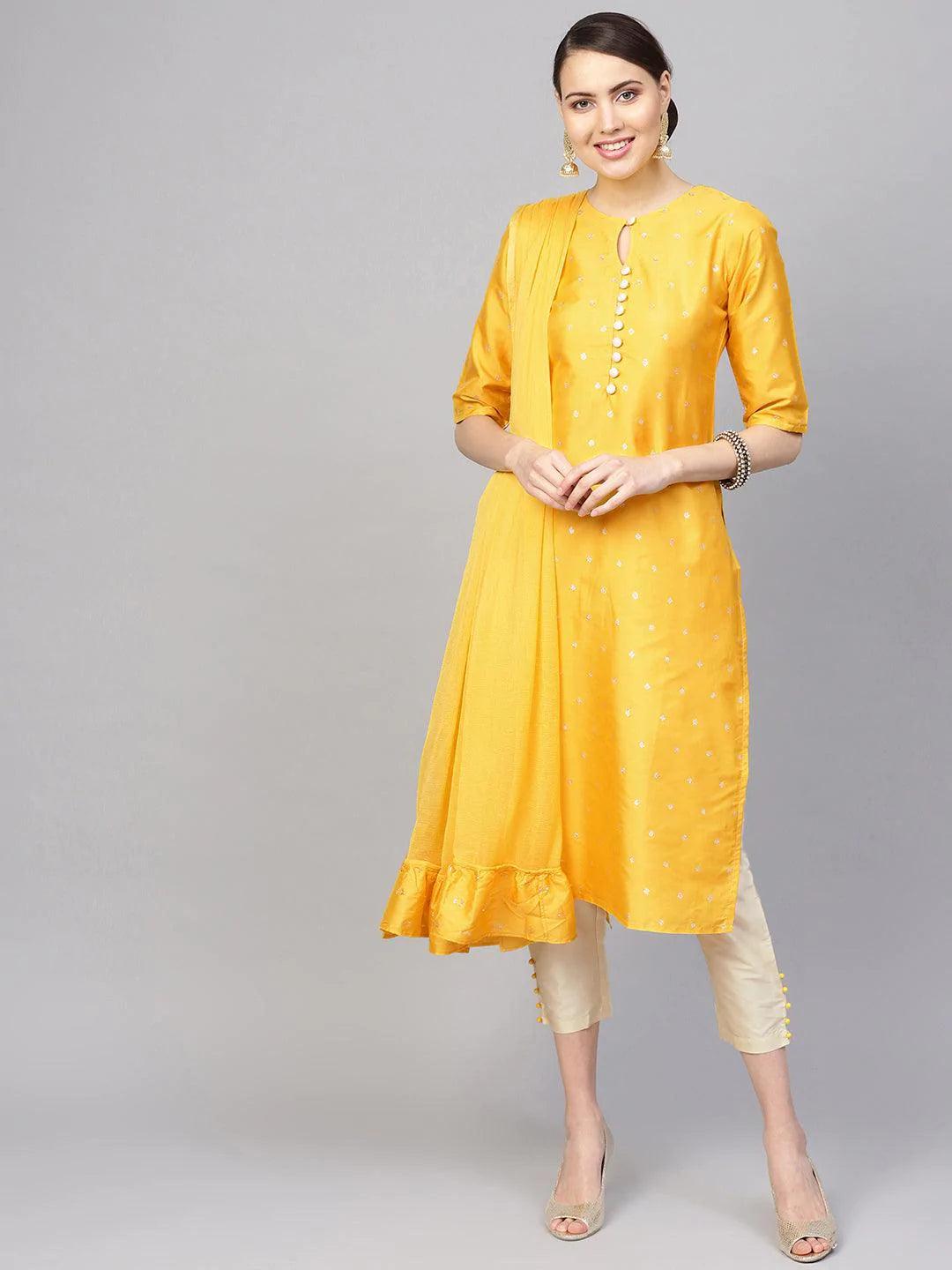 Yellow Self Design Chanderi Suit Set