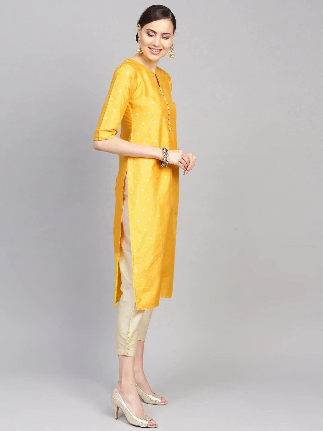 Yellow Self Design Chanderi Suit Set