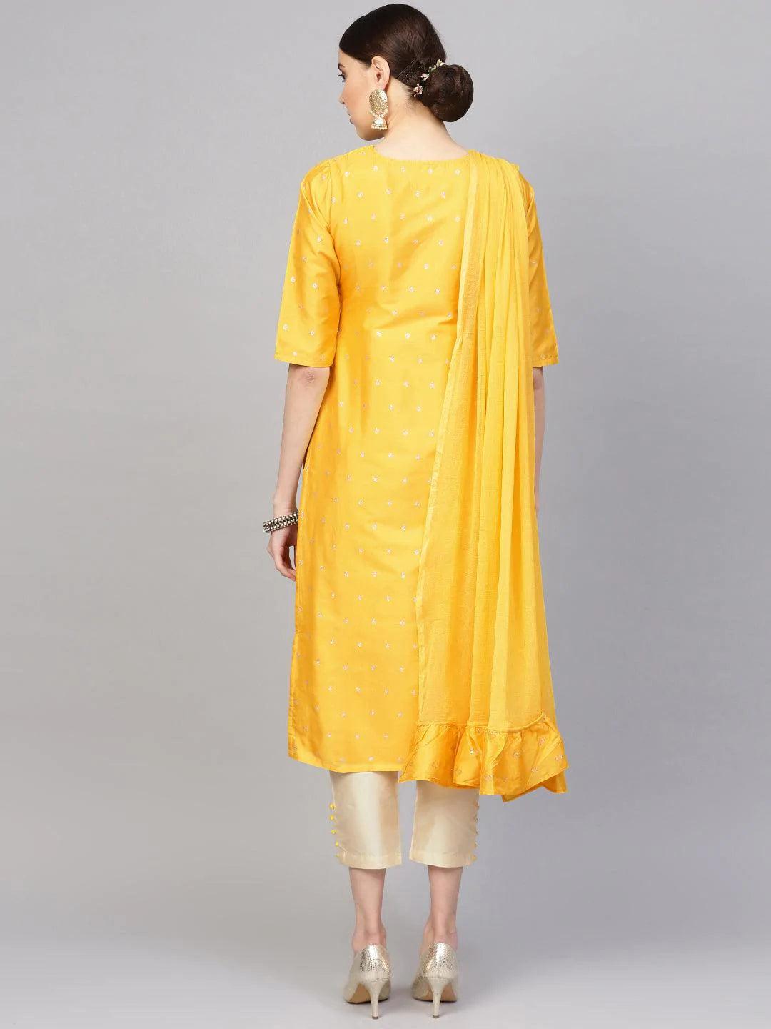 Yellow Self Design Chanderi Suit Set