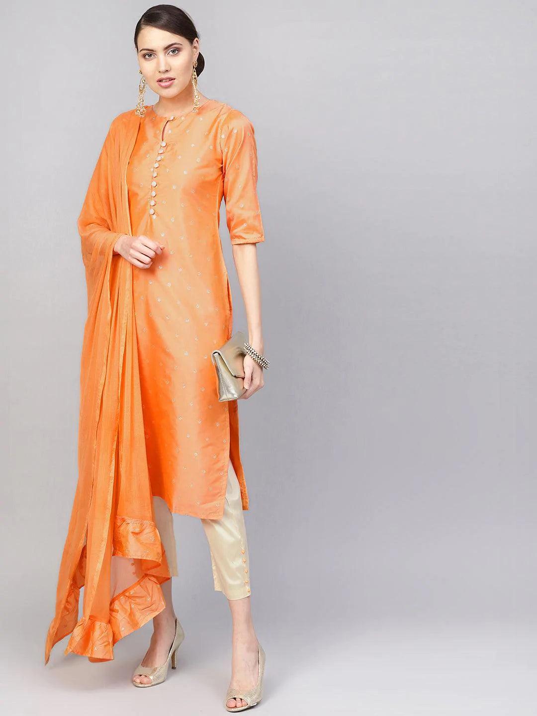 Orange Self Design Chanderi Suit Set - ShopLibas