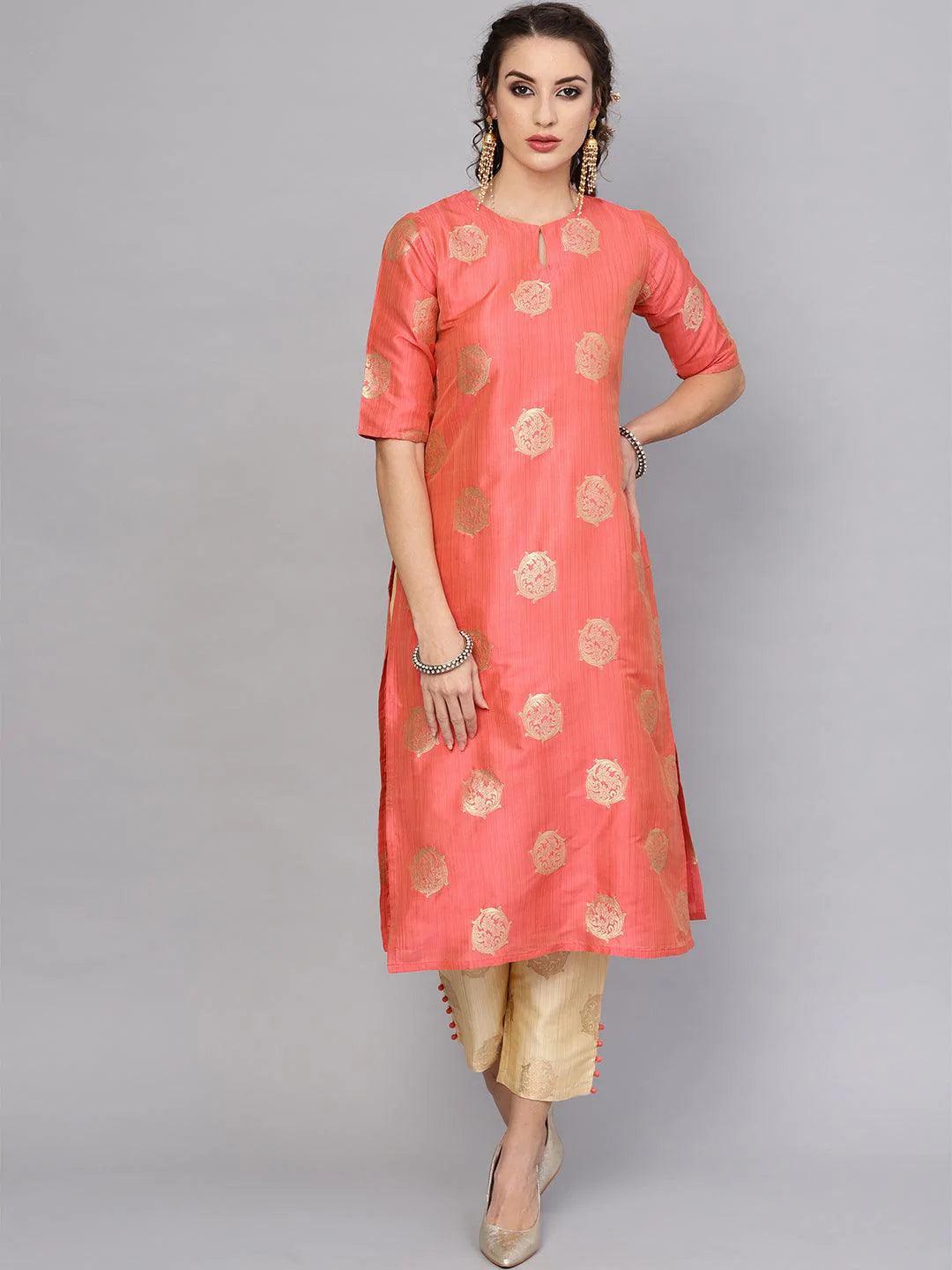 Pink Self Design Chanderi Kurta Set