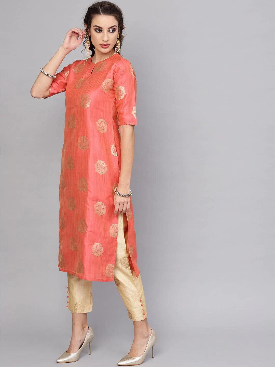 Pink Self Design Chanderi Kurta Set