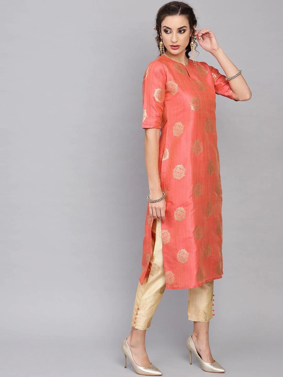 Pink Self Design Chanderi Kurta Set