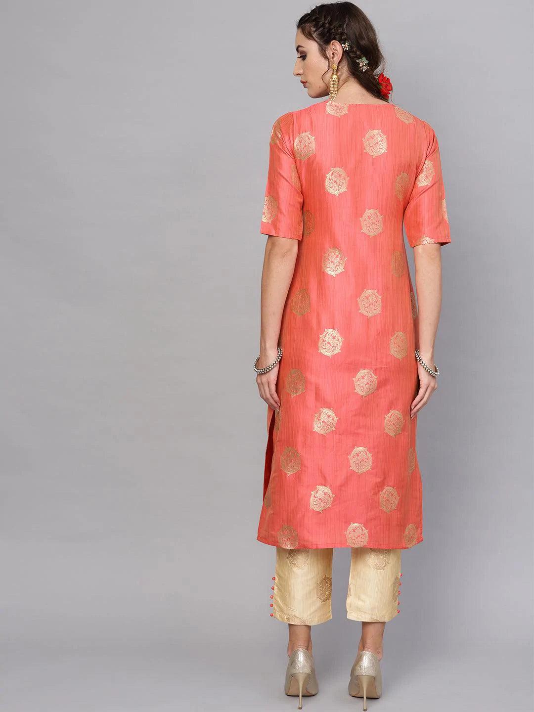 Pink Self Design Chanderi Kurta Set