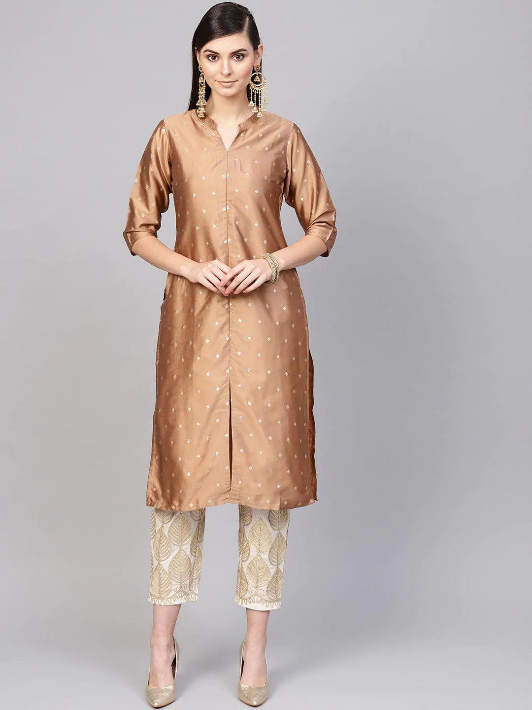 Brown Embroidered Polyester Kurta Set