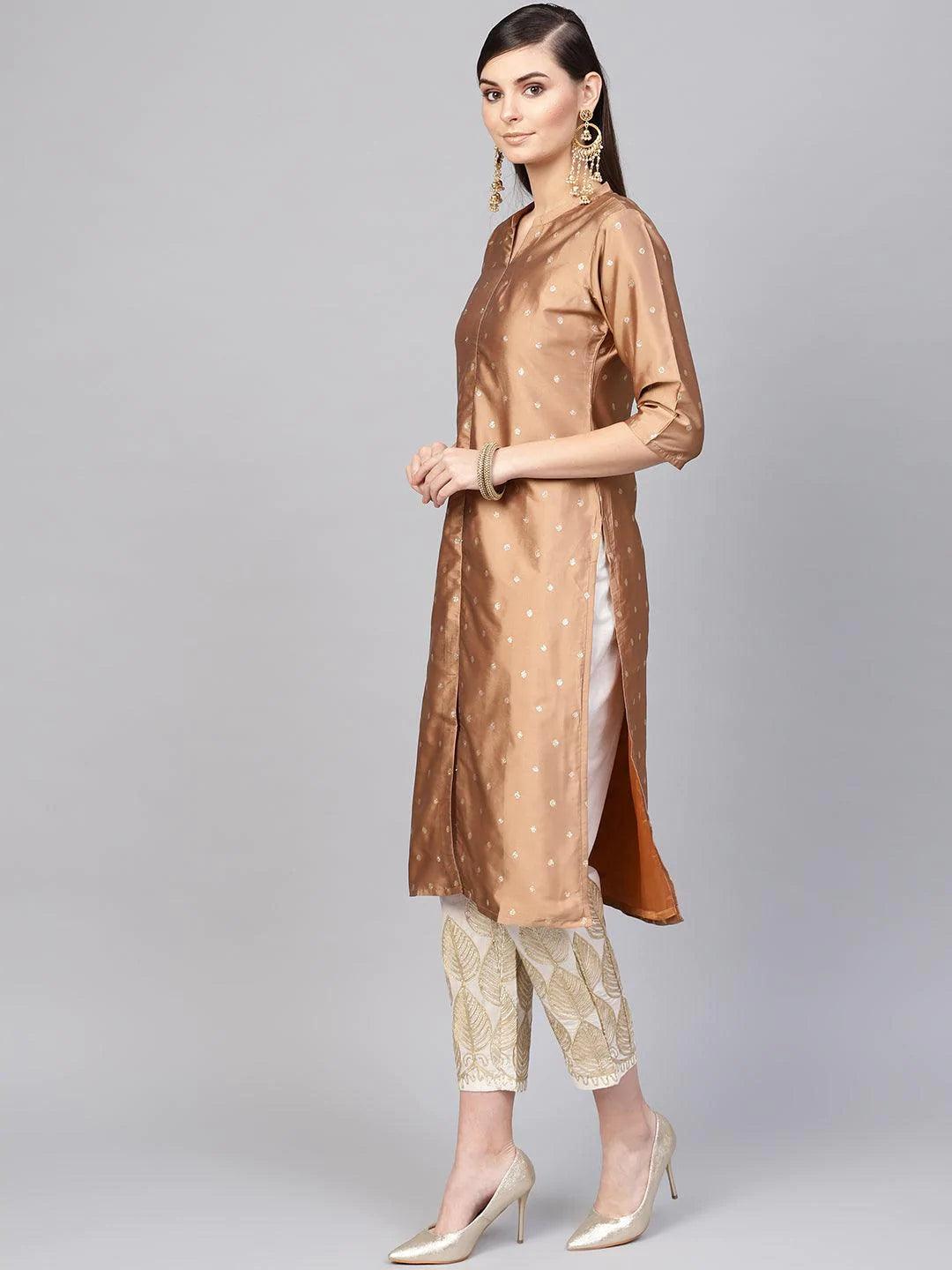 Brown Embroidered Polyester Kurta Set