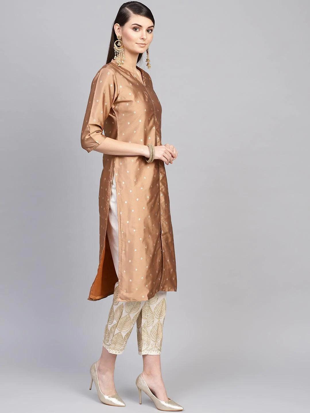 Brown Embroidered Polyester Kurta Set