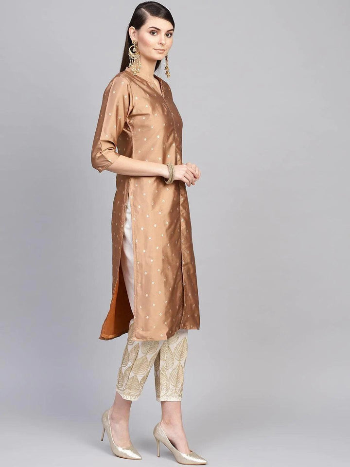 Brown Embroidered Polyester Kurta Set - ShopLibas