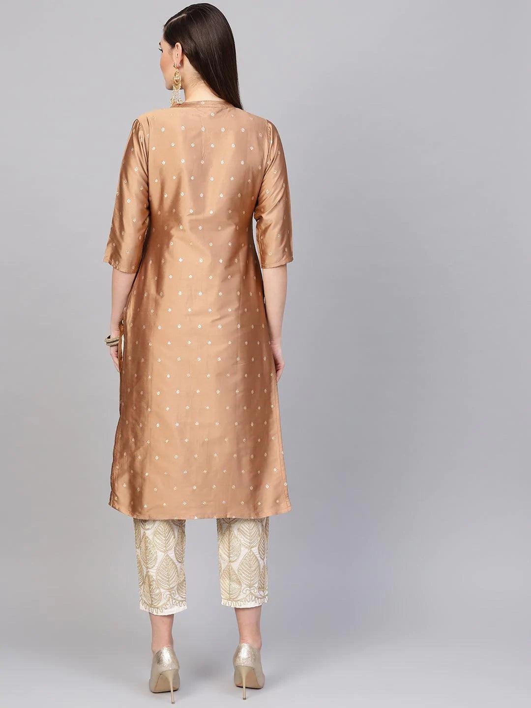 Brown Embroidered Polyester Kurta Set