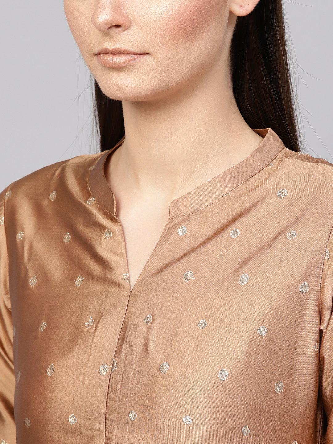 Brown Embroidered Polyester Kurta Set