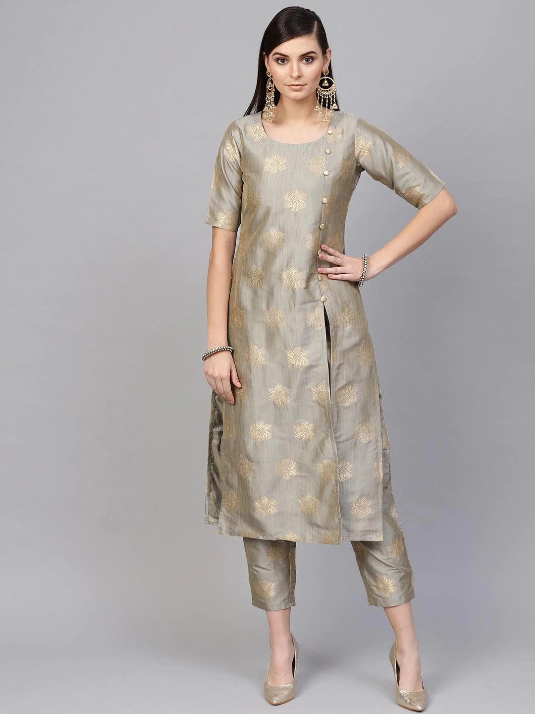 Grey Embroidered Chanderi Kurta Set