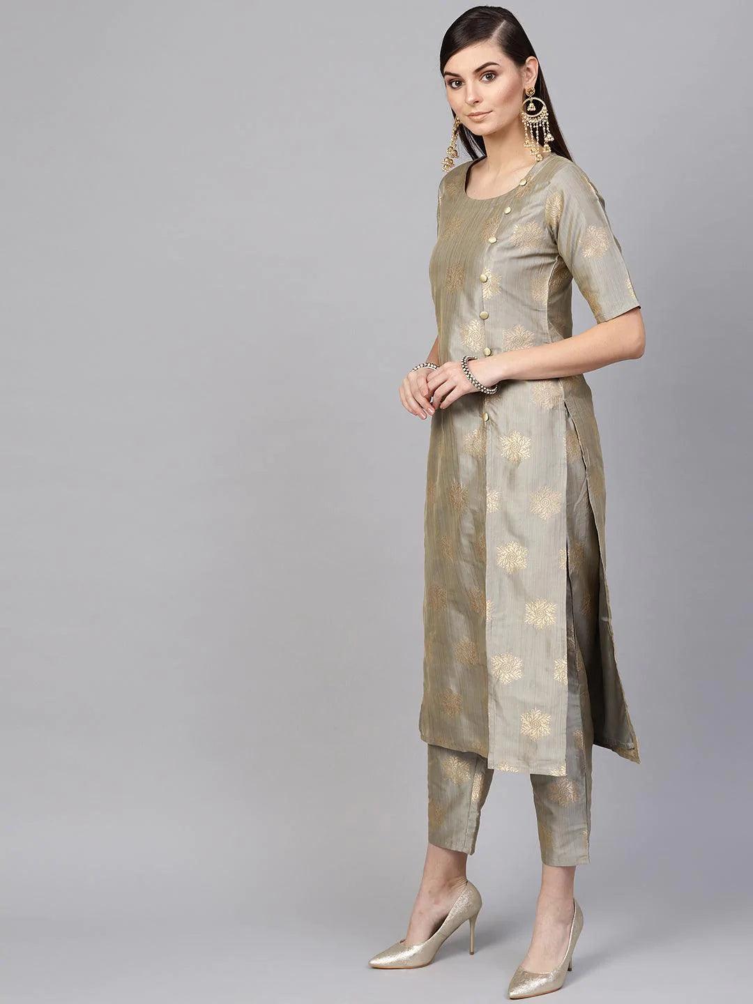 Grey Embroidered Chanderi Kurta Set