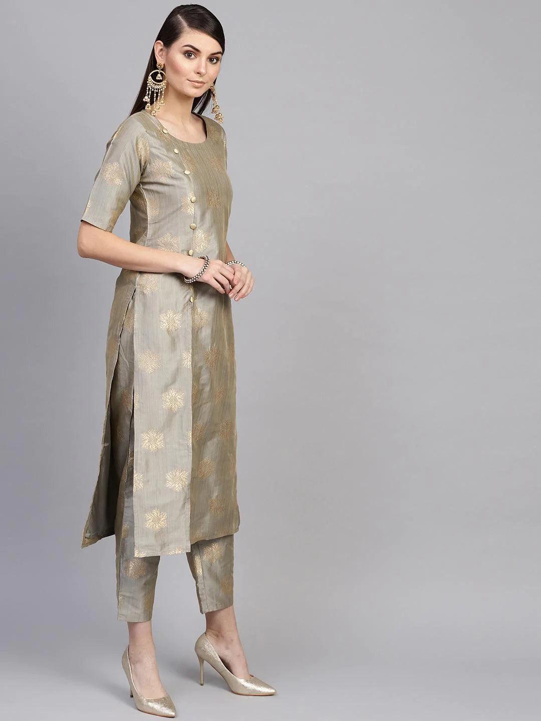 Grey Embroidered Chanderi Kurta Set