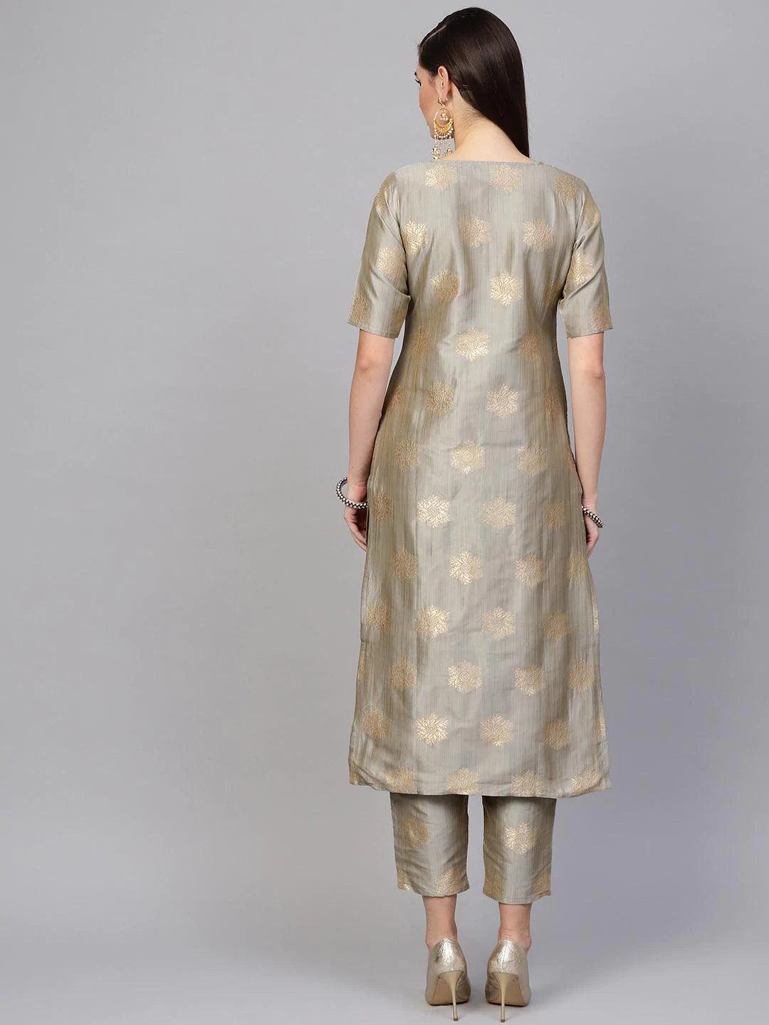 Grey Embroidered Chanderi Kurta Set