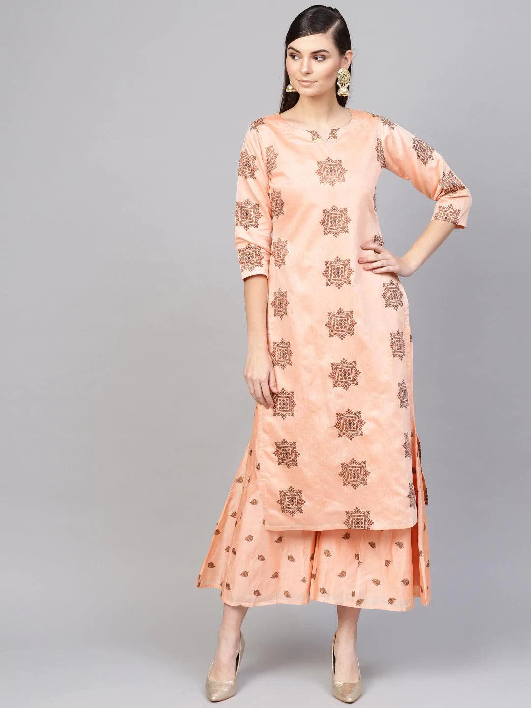 Peach Embroidered Chanderi Kurta Set - ShopLibas