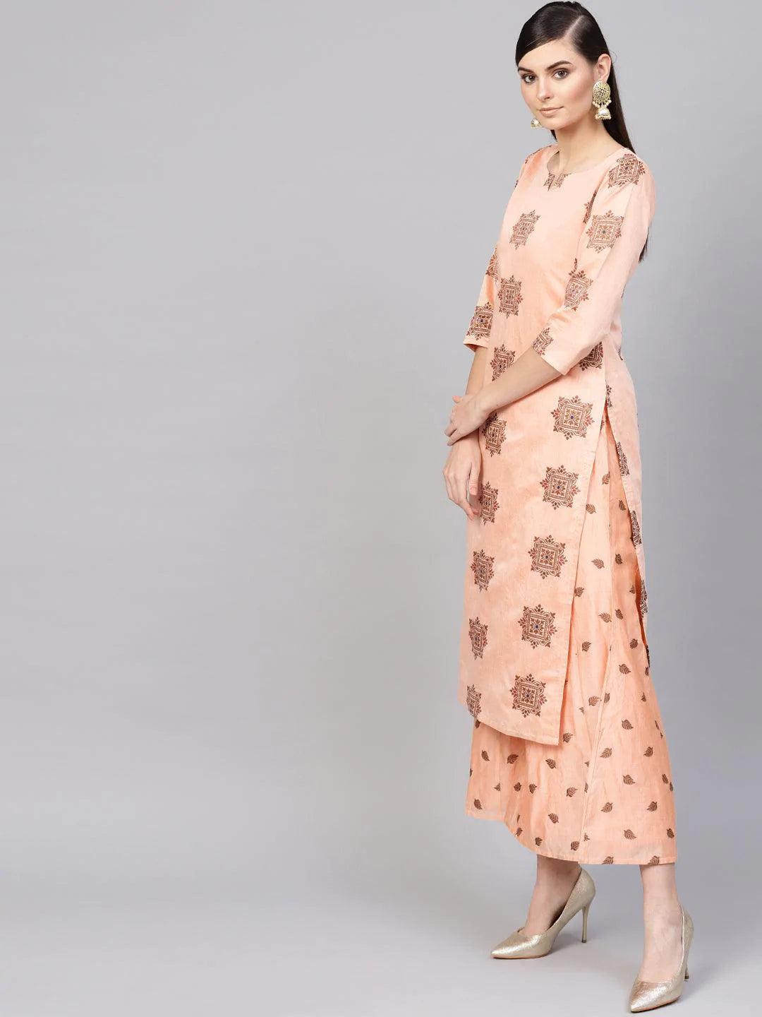 Peach Embroidered Chanderi Kurta Set - ShopLibas