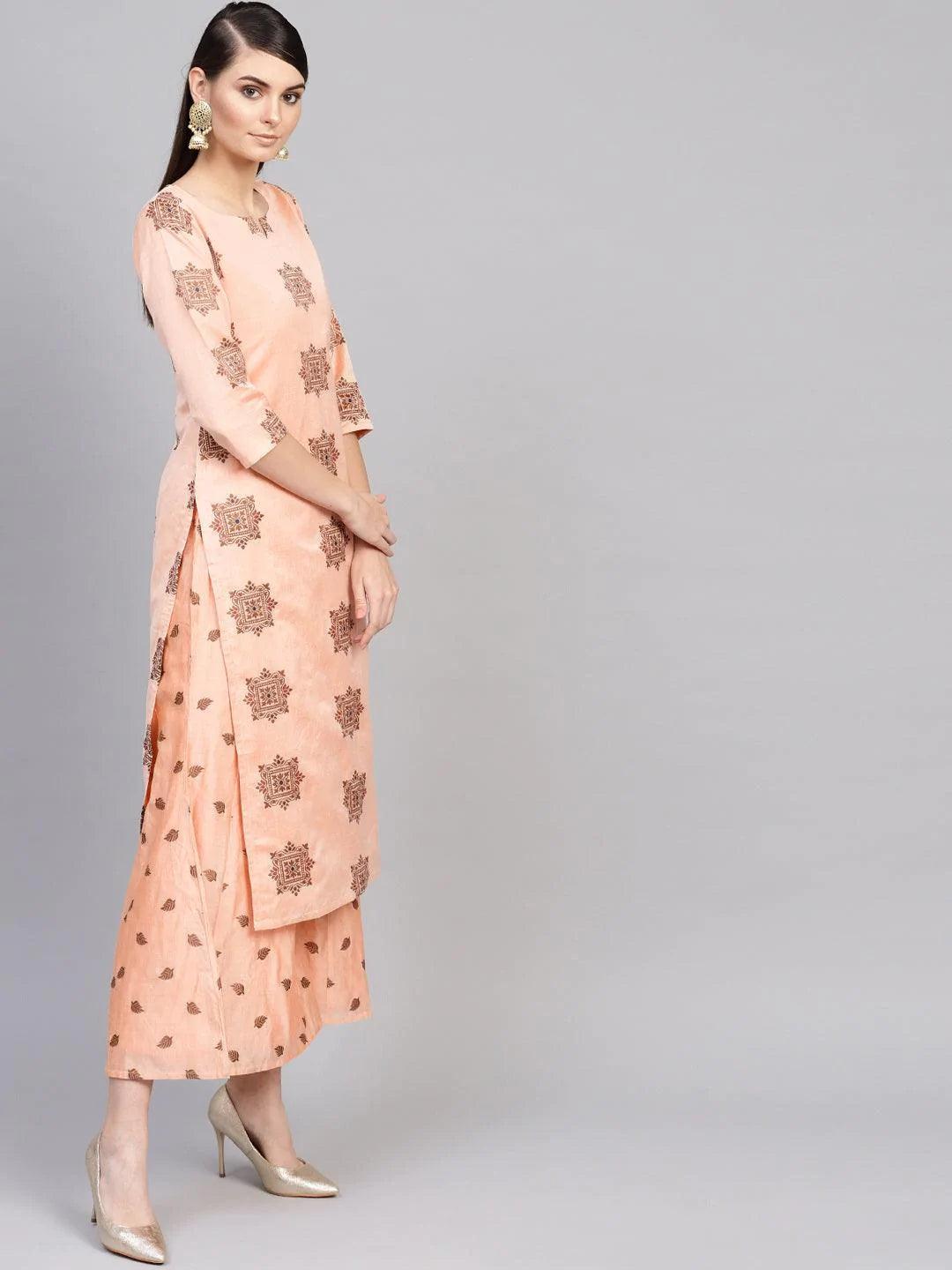 Peach Embroidered Chanderi Kurta Set - ShopLibas