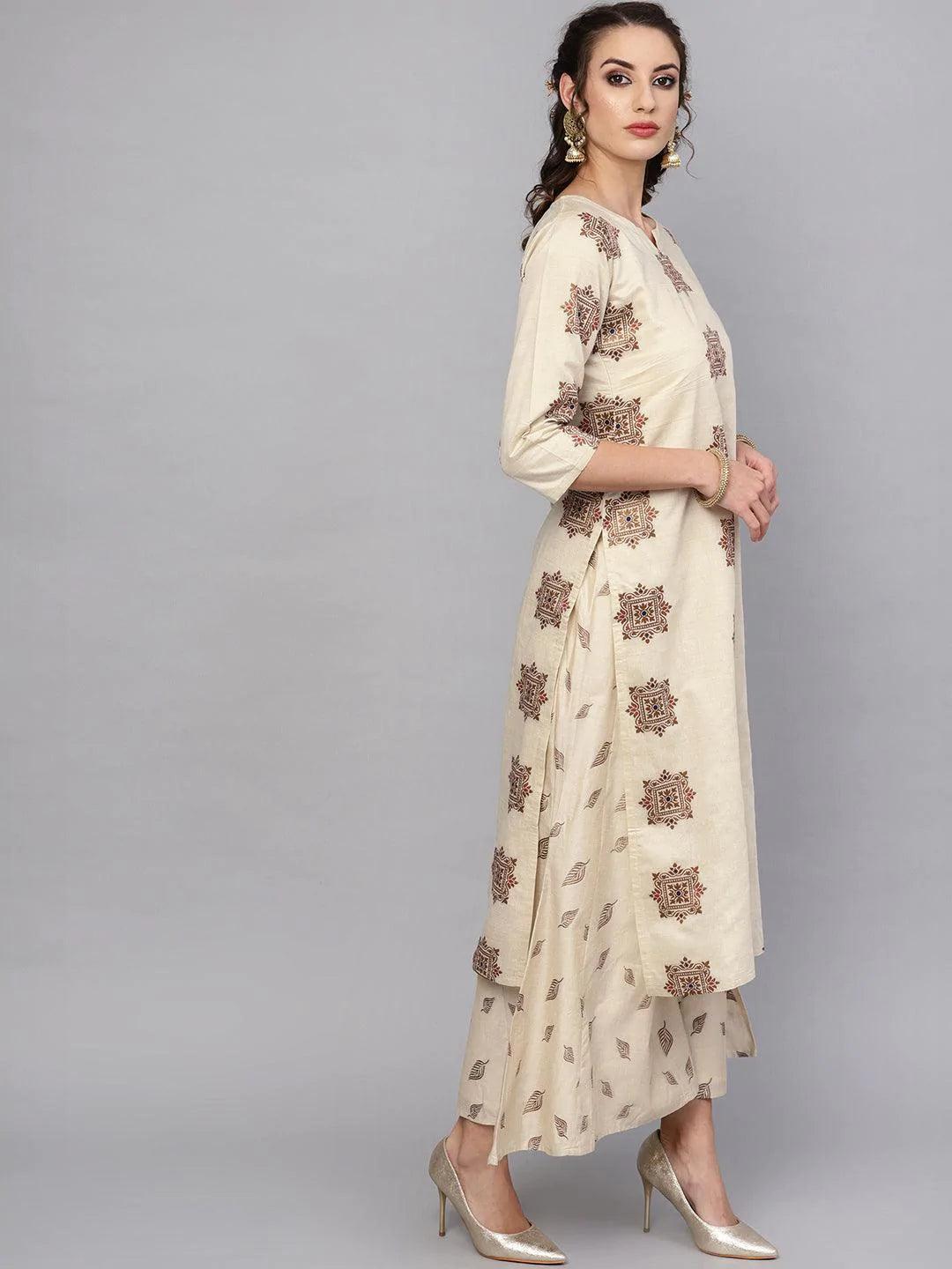 Beige Embroidered Chanderi Kurta Set