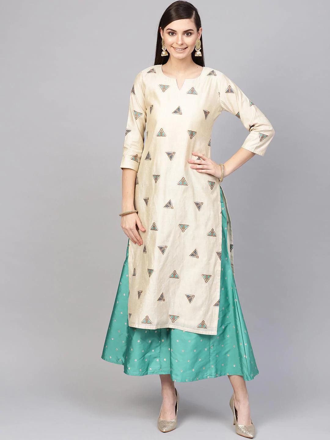 Beige Embroidered Polyester Kurta Set