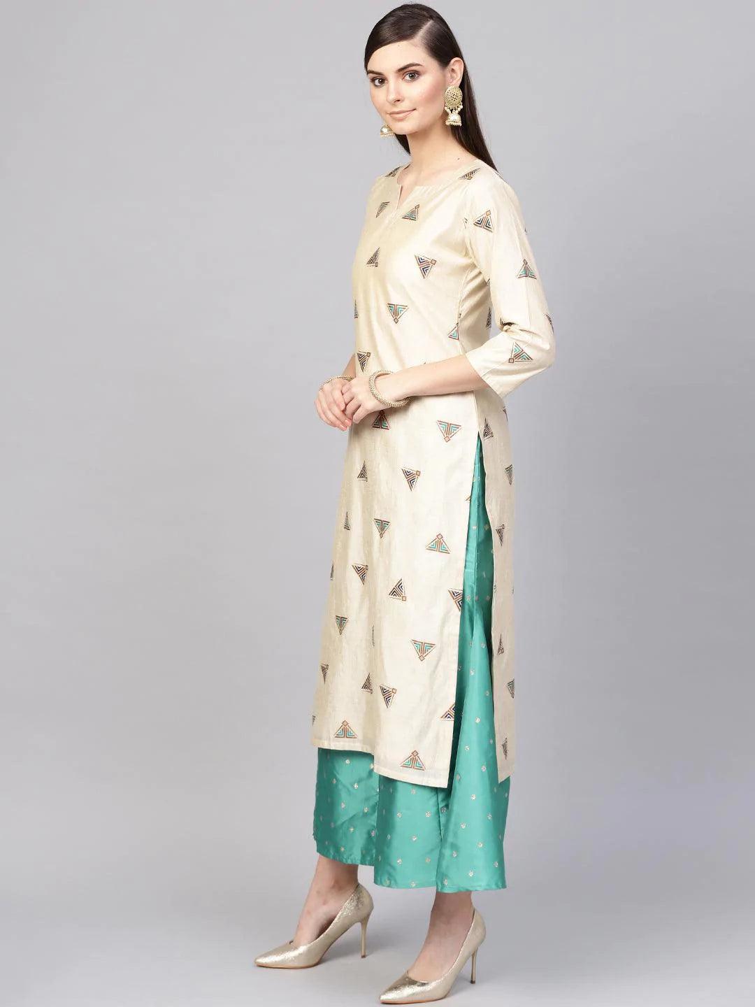 Beige Embroidered Polyester Kurta Set