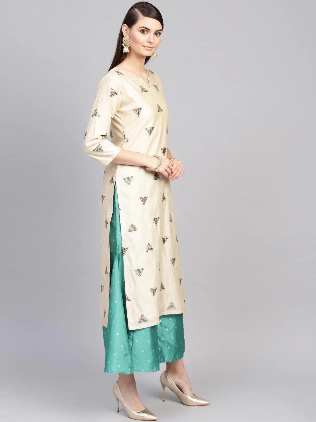 Beige Embroidered Polyester Kurta Set