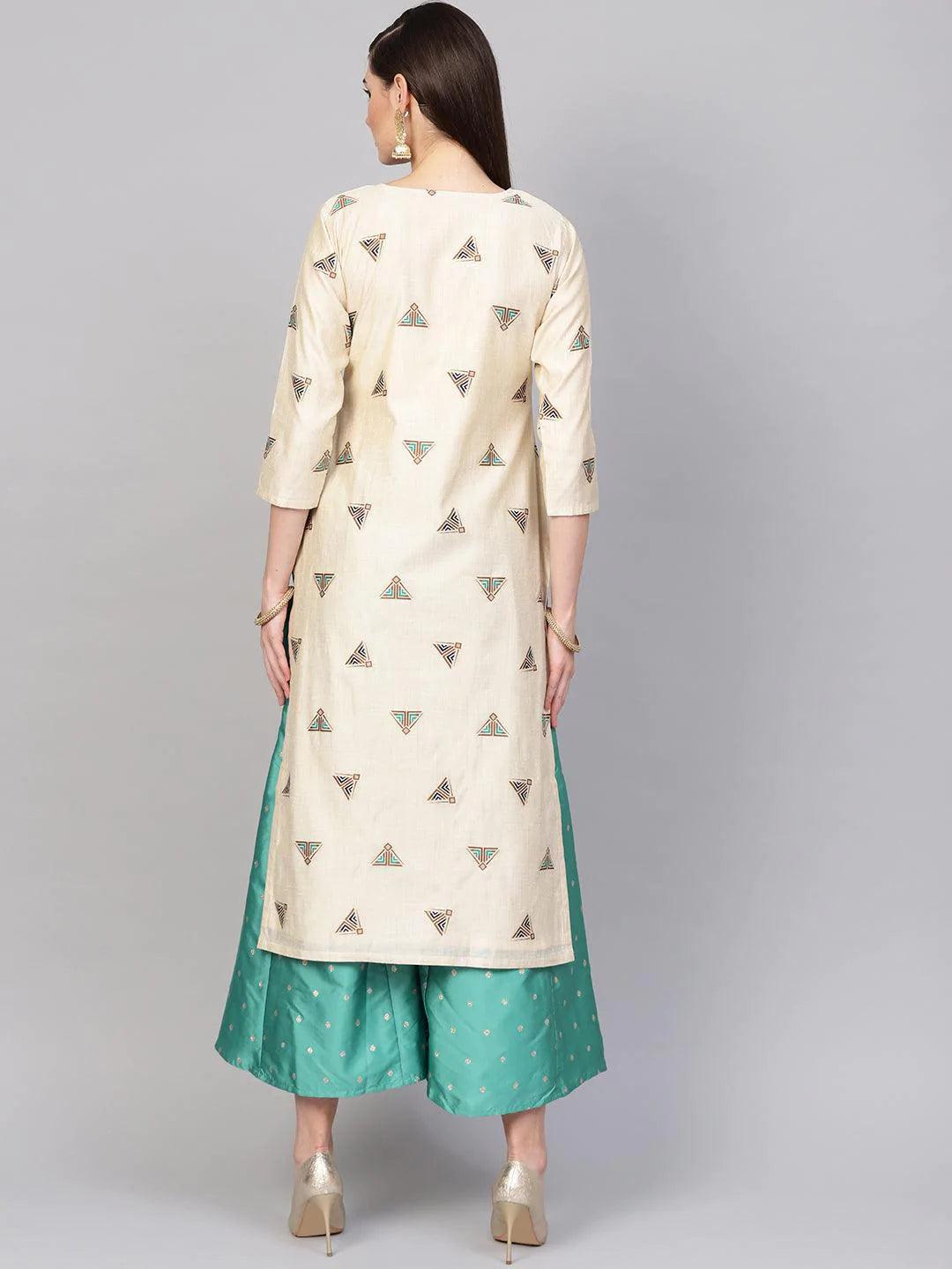 Beige Embroidered Polyester Kurta Set