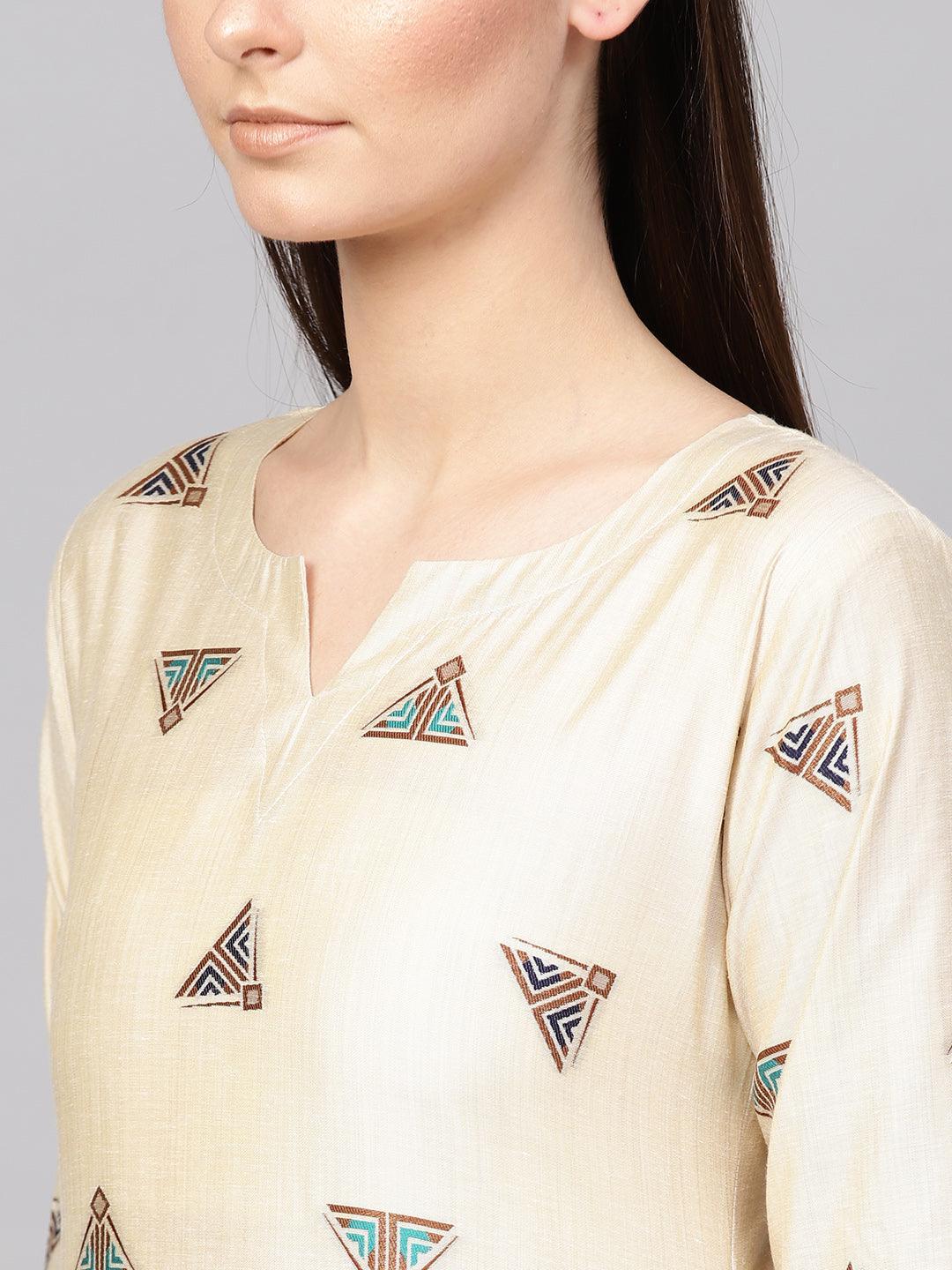 Beige Embroidered Polyester Kurta Set