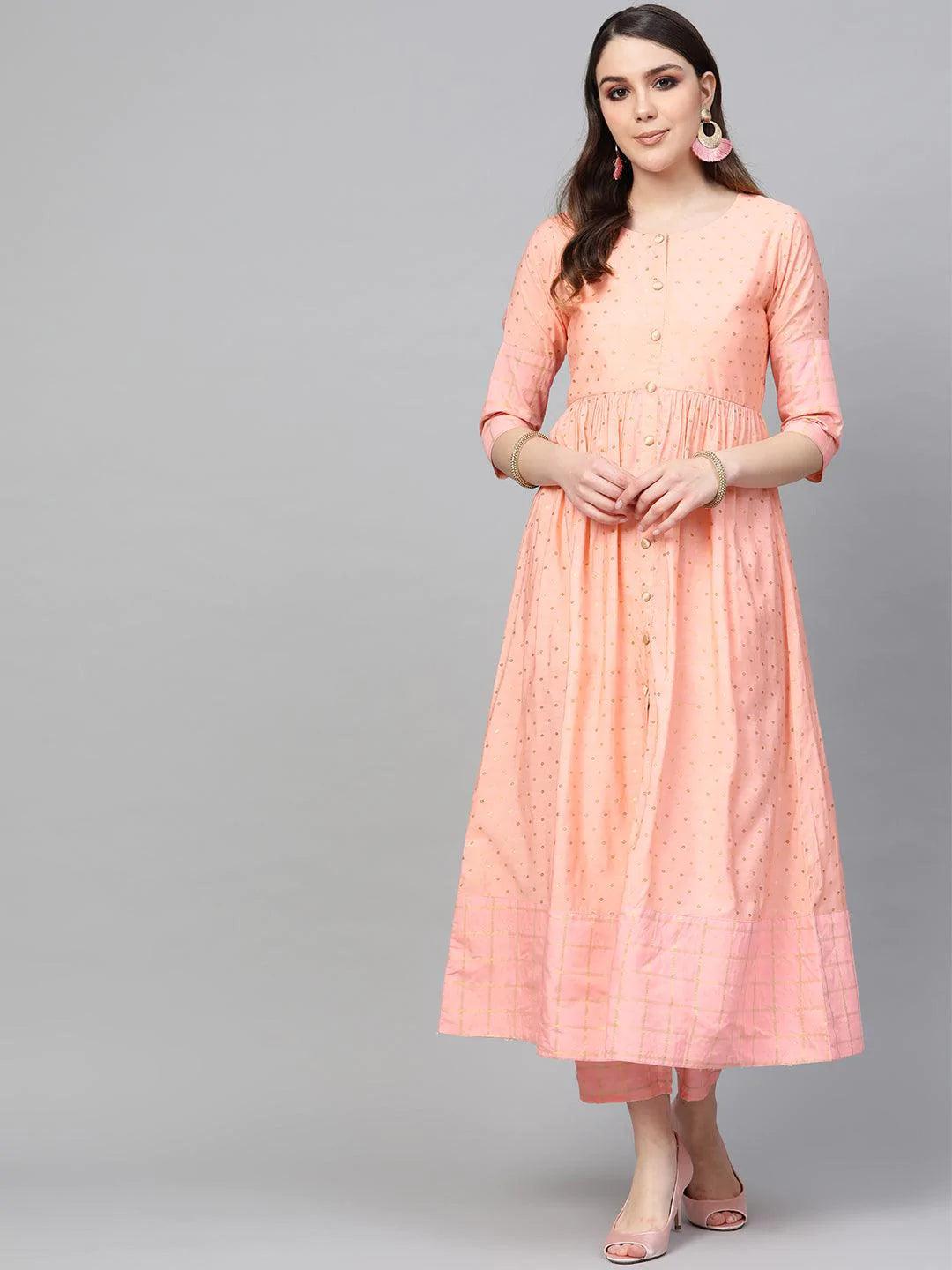 Peach Embroidered Chanderi Kurta Set