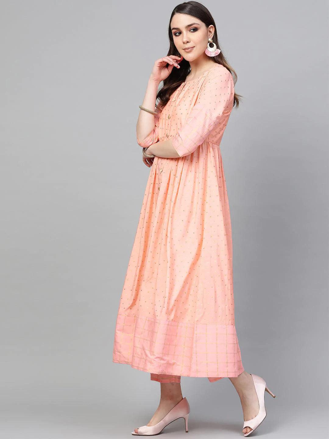 Peach Embroidered Chanderi Kurta Set